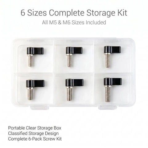 Heavy Duty L Handle Thumb Screw Kit 6 Pack M5 And M6 Camera Screws in organized storage box with six screws.