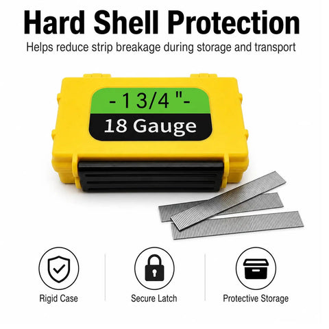 Heavy Duty Hard Shell 18 Gauge Brad Nail Strip Keeper Case with secure latch, designed to protect brad strips during transport.