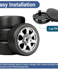 4 Pack Car Wheel Hub Center Cap Set 60mm Outer Diameter 56mm Inner Diameter 0.57 Inch Thick with tires and snap-on cap detail.