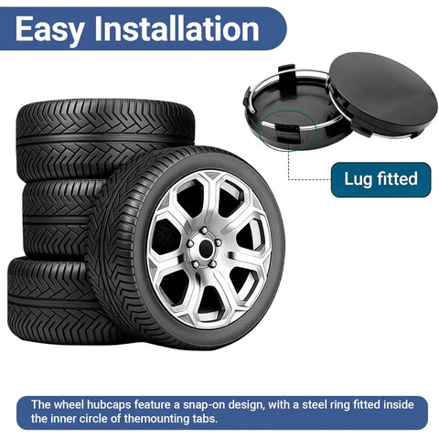 4 Pack Car Wheel Hub Center Cap Set 60mm Outer Diameter 56mm Inner Diameter 0.57 Inch Thick with tires and snap-on cap detail.