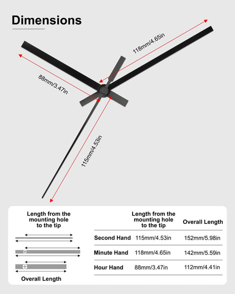 Diagram showing dimensions of Dope Multicolor Clock Hands Set for Quartz Wall Clocks 9.84 Inches and Up, with arrow measurements.