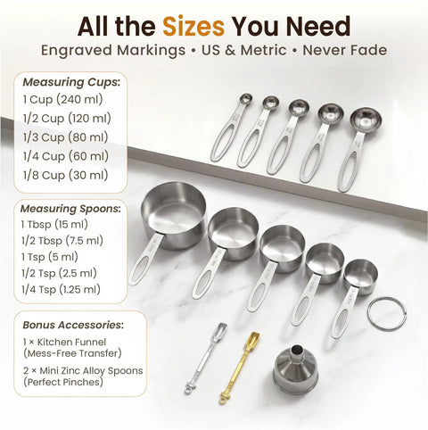 13 Piece Stainless Steel Measuring Cups And Spoons Set With Funnel For Baking And Cooking, Stackable And Dishwasher Safe, Must Have Kitchen Tools For Dry And Liquid Ingredients displayed
