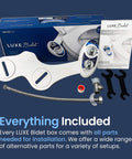 Self Cleaning Non Electric Bidet Attachment For Toilet Seat With Single Nozzle Rear Wash And Adjustable Water Pressure Blue Color For Easy Install shown with parts and manual