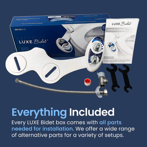 Self Cleaning Non Electric Bidet Attachment For Toilet Seat With Single Nozzle Rear Wash And Adjustable Water Pressure Blue Color For Easy Install shown with parts and manual