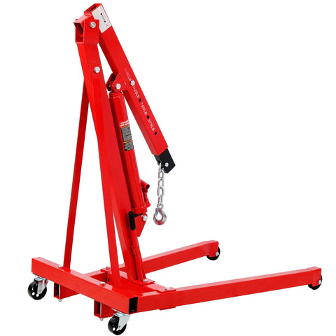 Heavy Duty Folding Engine Hoist And Cherry Picker Shop Crane With 1500 Lbs Capacity, red, solid steel design with swivel casters.