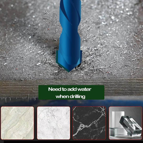 Blue masonry drill bit drilling into wood surface; metal shavings visible, with four tile sample thumbnails below.