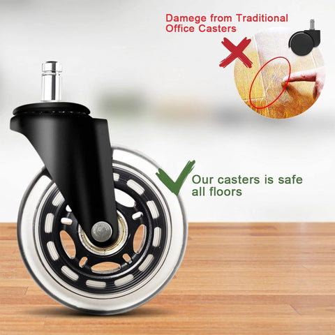 Close-up of heavy duty rubber chair caster 3 inch replacement wheel with 10mm stem, supporting flat pack chairs, on hardwood floor.