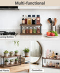 Rustic Wooden Coffee Station Organizer And Two Tier Mug Holder For Countertop Display with seasoning jars and cosmetics