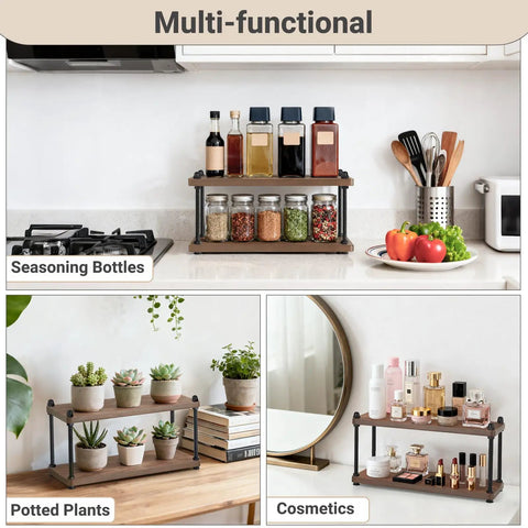 Rustic Wooden Coffee Station Organizer And Two Tier Mug Holder For Countertop Display with seasoning jars and cosmetics