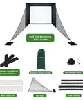 Indoor Golf Simulator Enclosure Kit With Premium HD Impact Screen, 10 x 8 ft Net Cage, Full Safety Padding, displayed components