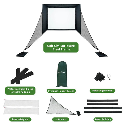 Indoor Golf Simulator Enclosure Kit With Premium HD Impact Screen, 10 x 8 ft Net Cage, Full Safety Padding, displayed components