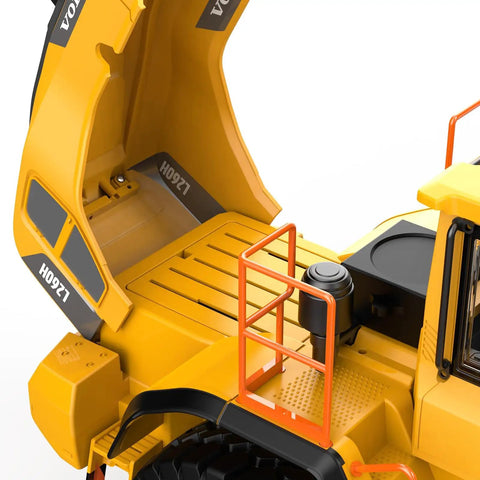 Close-up of Volvo L260H Remote Control Wheel Loader 1:16 scale showing the open engine hood, Alloy Chassis details visible.