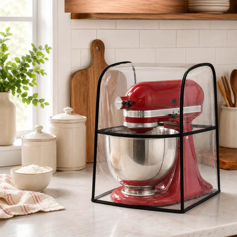 Clear Heavy Duty PEVA Stand Mixer Cover for 5 to 8 Quart Mixers on red mixer in kitchen
