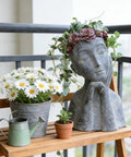 Face Head Planter Pot For Succulents And Small Plants With Drainage Hole, Big Farmhouse Vibe Decor, Gray Concrete Finish, flowers
