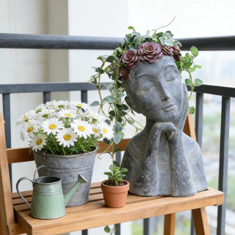 Face Head Planter Pot For Succulents And Small Plants With Drainage Hole, Big Farmhouse Vibe Decor, Gray Concrete Finish, flowers