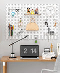 Peg Board Kit With Hooks And Bins For Wall Organizer Ideal For Office And Craft Rooms Display Ornaments And Keepsakes Includes Pegboard And Accessories For Easy DIY Storage And Awesome Organization installed above desk, holding various items.