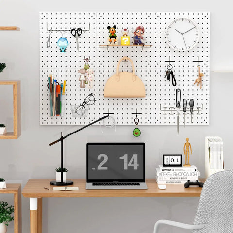 Peg Board Kit With Hooks And Bins For Wall Organizer Ideal For Office And Craft Rooms Display Ornaments And Keepsakes Includes Pegboard And Accessories For Easy DIY Storage And Awesome Organization installed above desk, holding various items.