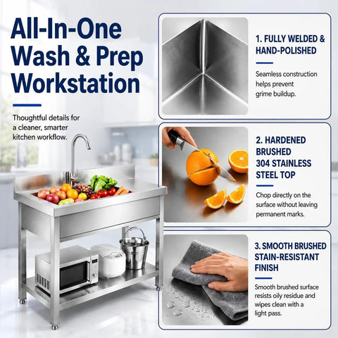 Workhorse Utility Sink With Built In Workbench And Hot Cold Mixer Faucet In Stainless Steel 40 In X 21 In X 40 In NSF Certified SUS304