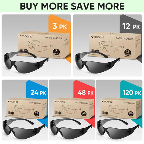 Solid Gear Clear Safety Glasses 120 Pack For Men And Women Featuring Ansi Z871 Approved Impact Shield Plus Anti Scratch Polycarbonate Lenses For Zero Hassle Workshop Adventures in various pack sizes displayed.
