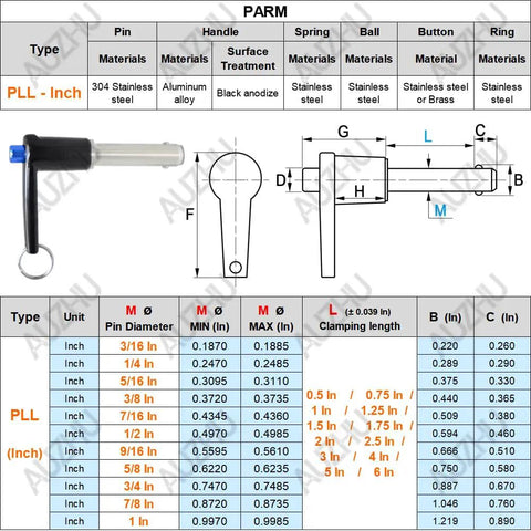 Durable Marine Grade Stainless Steel Ball Lock Pins With Quick Release Button For Easy Indexing, Spring Pin And Locating Dowels, Heavy Duty Nine Sixteenths Inch Diameter And Three Inch Length detailed technical table.