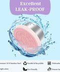 Leakproof 1.6 Ounce Stainless Steel Salad Dressing Container with silicone lid, splashing water, advertises leak-proof feature.