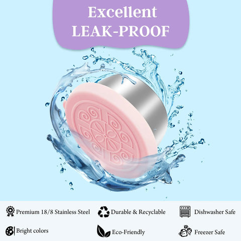 Leakproof 1.6 Ounce Stainless Steel Salad Dressing Container with silicone lid, splashing water, advertises leak-proof feature.