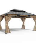 12x14 Heavy Duty Hardtop Gazebo With Double Metal Roof Wood Outdoor Pavilion With Privacy Curtains And Mosquito Netting