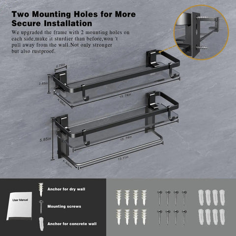 Black Glass Bathroom Shelf Wall Mounted 15.7 Inch Tempered Glass Shelving, Two tier with mounting hardware shown