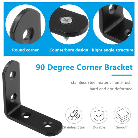 Image of Heavy Duty Stainless Steel L Brackets Corner Brace Kit showing 90 degree right angle design, round corners, and screws.