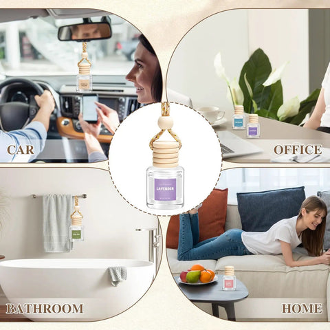 Fresh Ride Vibes Long Lasting Car Air Freshener Hanging Essential Oil Diffuser 6 Pack Wood Cap in various settings.