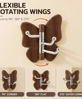 2 Pack Rotating Adhesive Wall Hooks With Rugged Wood Grain Finish Flexible Swivel Sticky Design That Holds Its Ground Tough No Drill Stuff For Effortless Space Hacks And Smart Storage, showing 90°, 180°, and 270° adjustments.