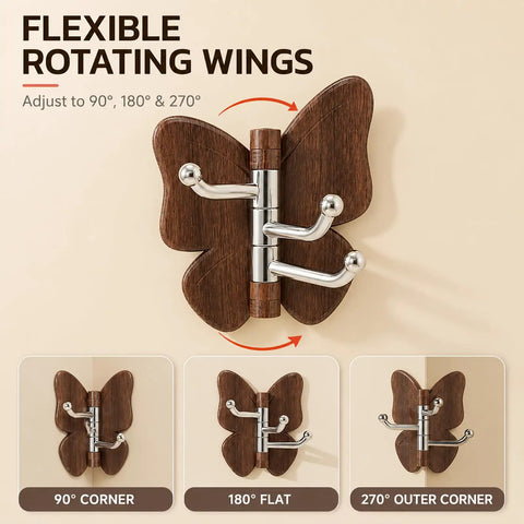 2 Pack Rotating Adhesive Wall Hooks With Rugged Wood Grain Finish Flexible Swivel Sticky Design That Holds Its Ground Tough No Drill Stuff For Effortless Space Hacks And Smart Storage, showing 90°, 180°, and 270° adjustments.