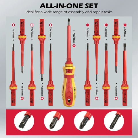 1000V Insulated Electrician Screwdriver Set With Pro Grade Magnetic Tips, 13-Piece Heavy Duty Kit showing full tool view