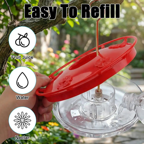 Two Pack 16oz Leak Proof Dish Style Hummingbird Nectar Feeder With Built In Ant Moat being refilled with liquid outdoors