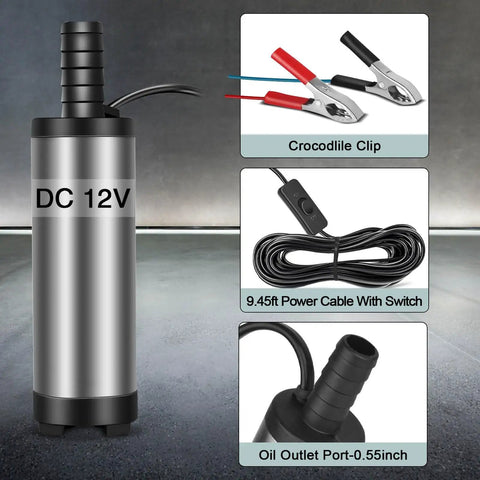 Plug And Play Mini 12V Fuel Transfer Pump With Heavy Duty Stainless Housing And Quick On Off Switch For Moving Diesel Oil Or Water Straight From Drums Or Cans, showing pump, crocodile clips, and power cable.