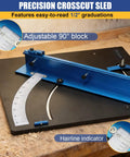Adjustable 90° block with hairline indicator on Spot On Table Saw Crosscut Sled Featuring Zero Clearance Edge Plus Adjustable Fence To Nail Every Straight Cut Without Breaking A Sweat Thanks To Its Ironclad Stop Block And Fine Line Scale.