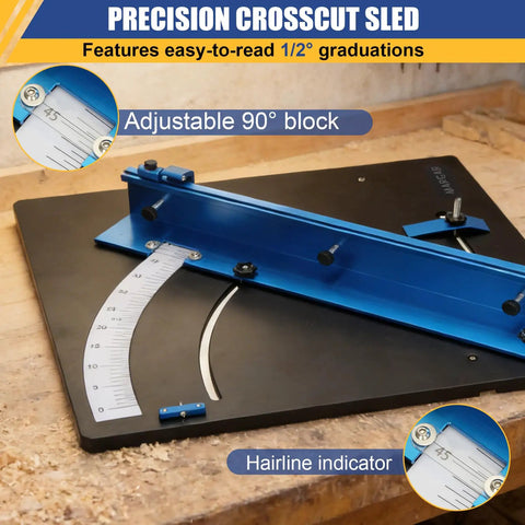Adjustable 90° block with hairline indicator on Spot On Table Saw Crosscut Sled Featuring Zero Clearance Edge Plus Adjustable Fence To Nail Every Straight Cut Without Breaking A Sweat Thanks To Its Ironclad Stop Block And Fine Line Scale.