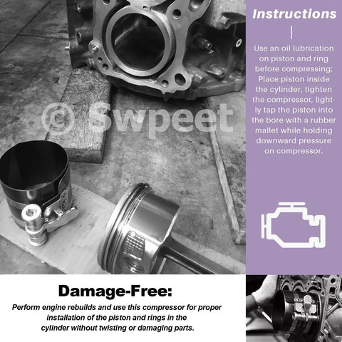 Front view: Swpeet 8-piece piston ring compressor kit with 3/4/6 sizes, installation pliers and stainless feeler gauge