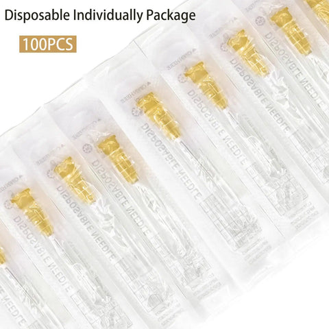 25G 5/8 Luer Lock Syringe Needles, 100 Pack, Individually Packaged, visible in sterile clear packaging