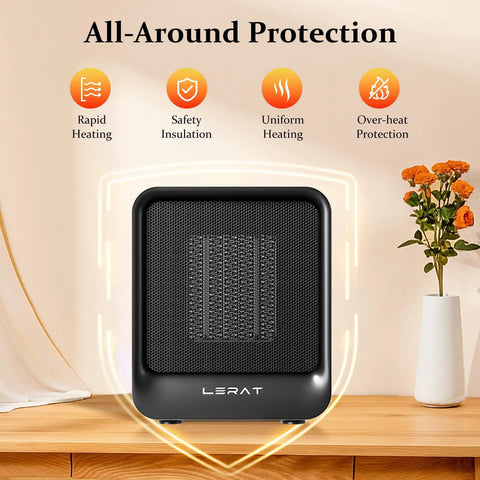 Portable Mini Space Heater 500W Fast Heating for Indoor Use with Overheat and Tip Over Protection on white table