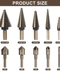 Titanium High Speed Steel Step Drill Bit Set With Five Step Bits And Five Countersink Bits, sizes from 3/16 to 1-3/8 inches.