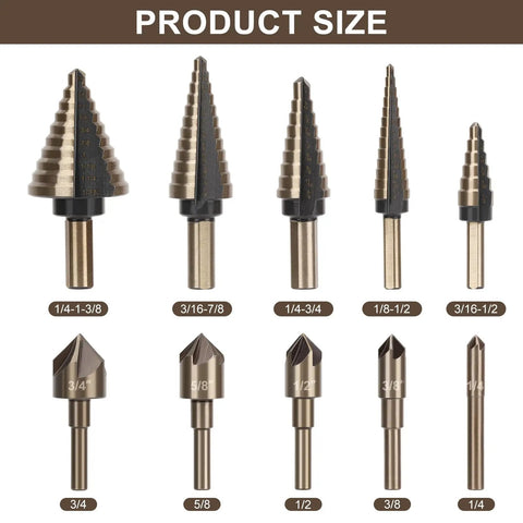 Titanium High Speed Steel Step Drill Bit Set With Five Step Bits And Five Countersink Bits, sizes from 3/16 to 1-3/8 inches.