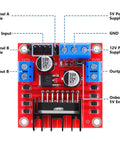 Close-up of Dual H Bridge Motor Driver Board Kit for Arduino showing labeled inputs and outputs, part of PWM Control DIY projects.