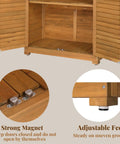 63 Inch Tall Wooden Outdoor Storage Cabinet With Two Lockable Doors Three Adjustable Shelves Waterproof Roof Weatherproof Garden Tools Shed For Yard Patio Deck Or Porch Natural Finish, showing open cabinet with strong magnet and adjustable feet detail