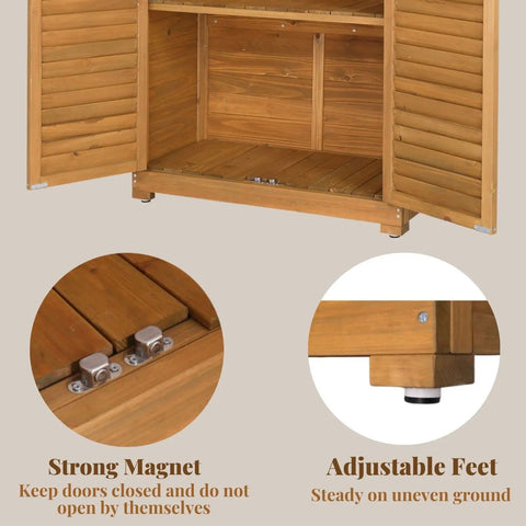 63 Inch Tall Wooden Outdoor Storage Cabinet With Two Lockable Doors Three Adjustable Shelves Waterproof Roof Weatherproof Garden Tools Shed For Yard Patio Deck Or Porch Natural Finish, showing open cabinet with strong magnet and adjustable feet detail
