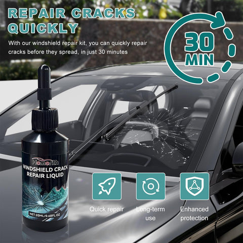 Windshield Crack Repair Kit For Cars, Easy Fix Liquid Resin Filler with UV curing bottle shown next to cracked car windshield.