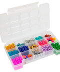 Compact Plastic Portable Parts Storage Case With Hinged Lid And Four Adjustable Dividers filled with colorful beads