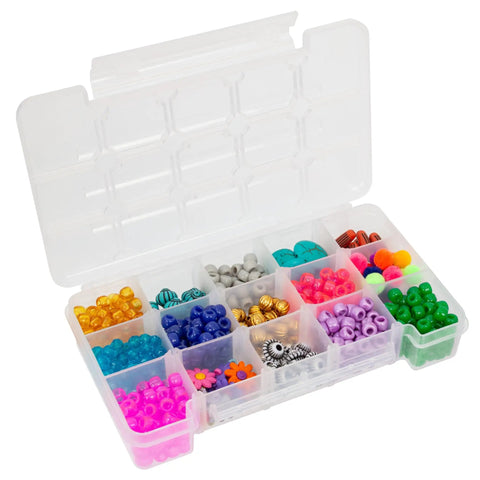 Compact Plastic Portable Parts Storage Case With Hinged Lid And Four Adjustable Dividers filled with colorful beads