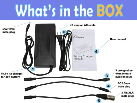54.6V 4A Fast Charger To Power Up Your 13S 48V Lithium Battery Pack For Electric Wheelchairs, 4 DC Heads, 3 Pin XLR Connector, LED Indicator, 110-240V AC Input, 47-63Hz, Compatible With Jazz Mobility Wheelchairs