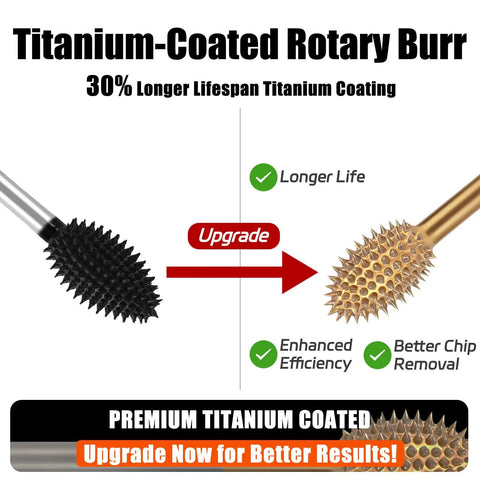 Heavy Duty Titanium Coated Rotary Burr Set Beefy Carbide Bits For Wood Carving 4 Piece 1/8 Inch Coarse with titanium coating comparison.